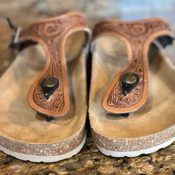 135. Myra Bag Tan Embossed Leather Sandals, Size 11, NWT - Picture 7 of 9